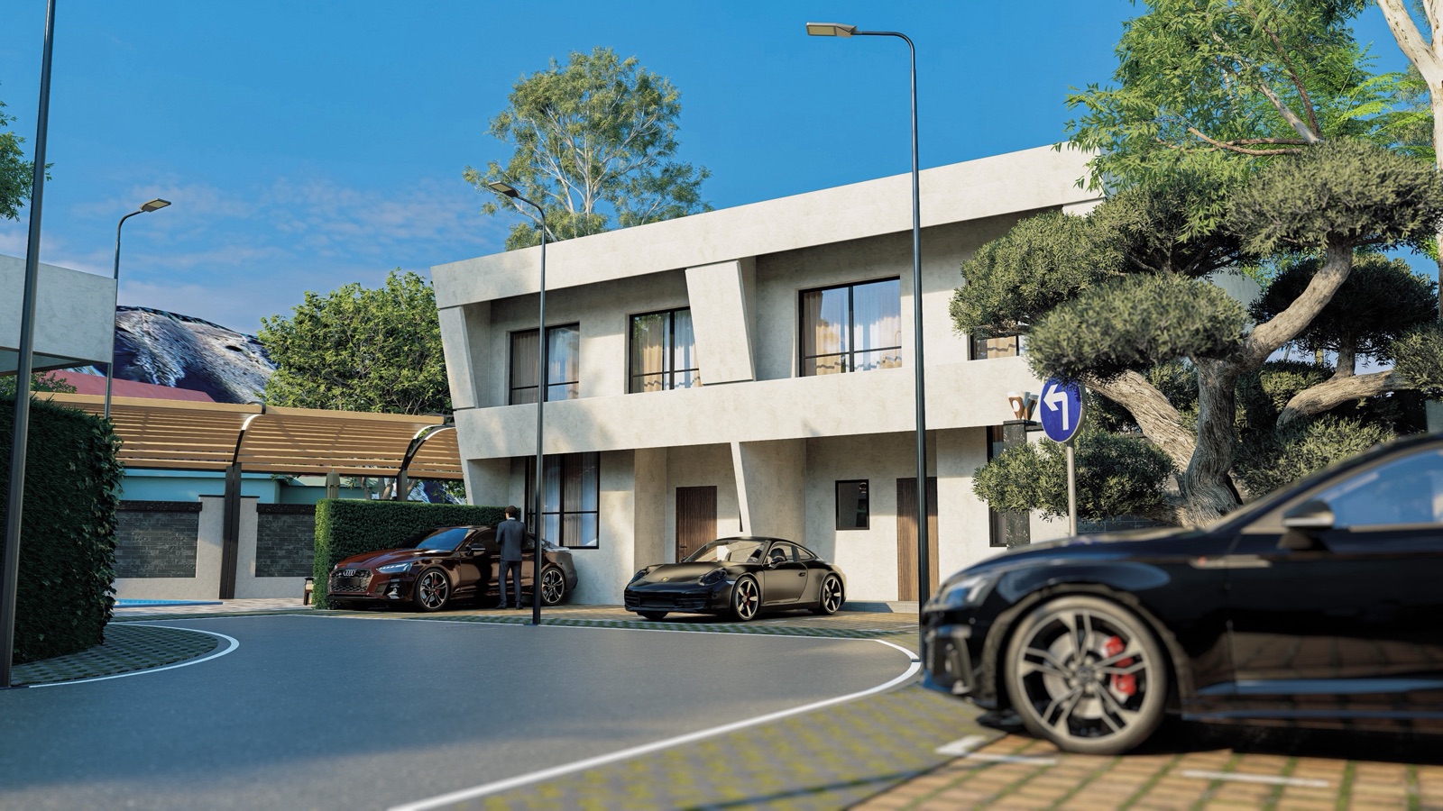 Render de una casa pareada de dos plantas de obra nueva en Azagra, con calle interior, árboles y coches aparcados frente a la fachada