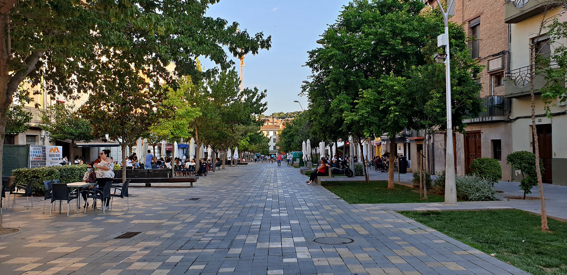Calle peatonal arbolada en el centro de Tudela, Navarra, con terrazas y vecinos paseando