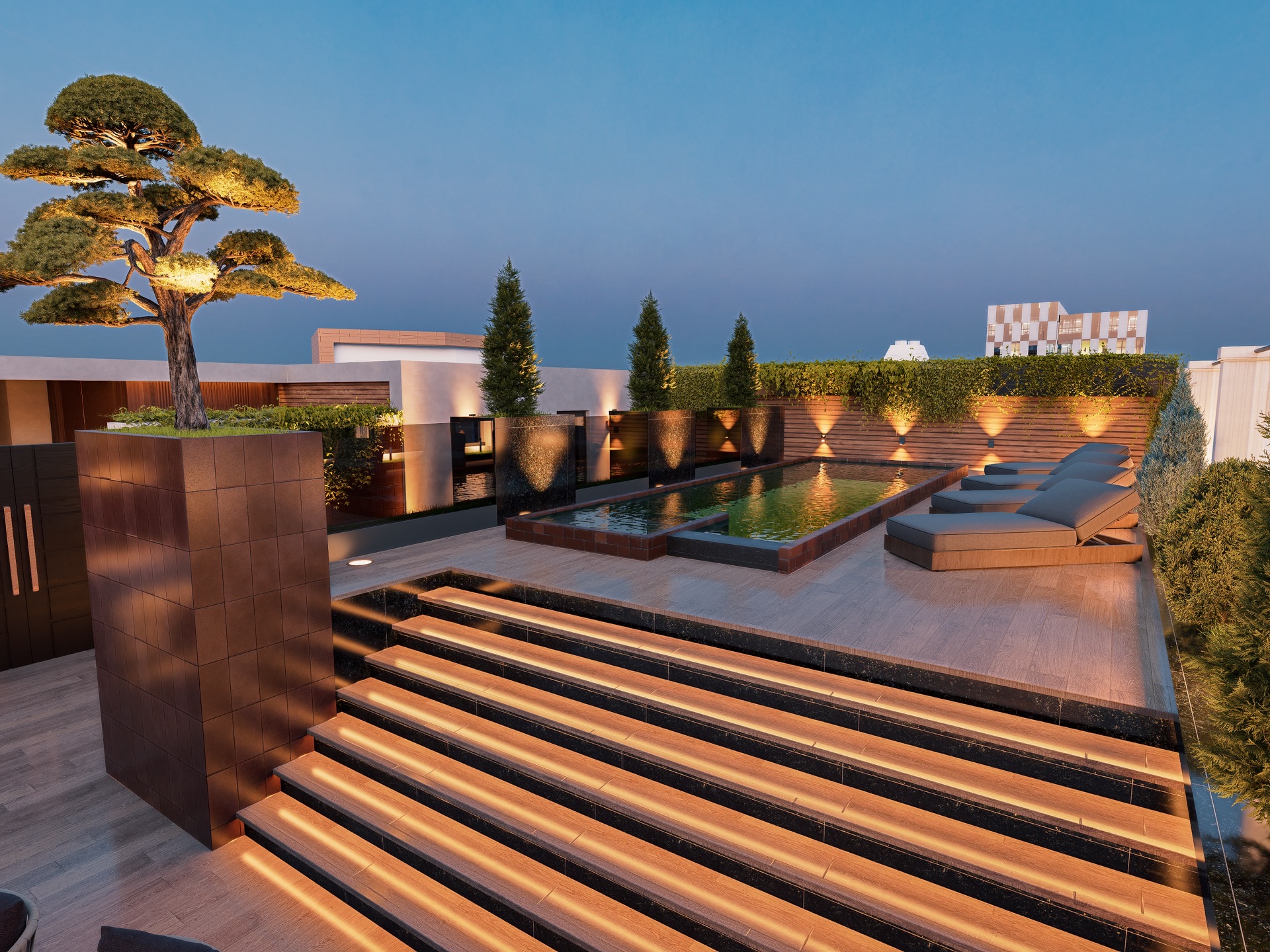 MH Grande 28 — Piscina del rooftop al atardecer