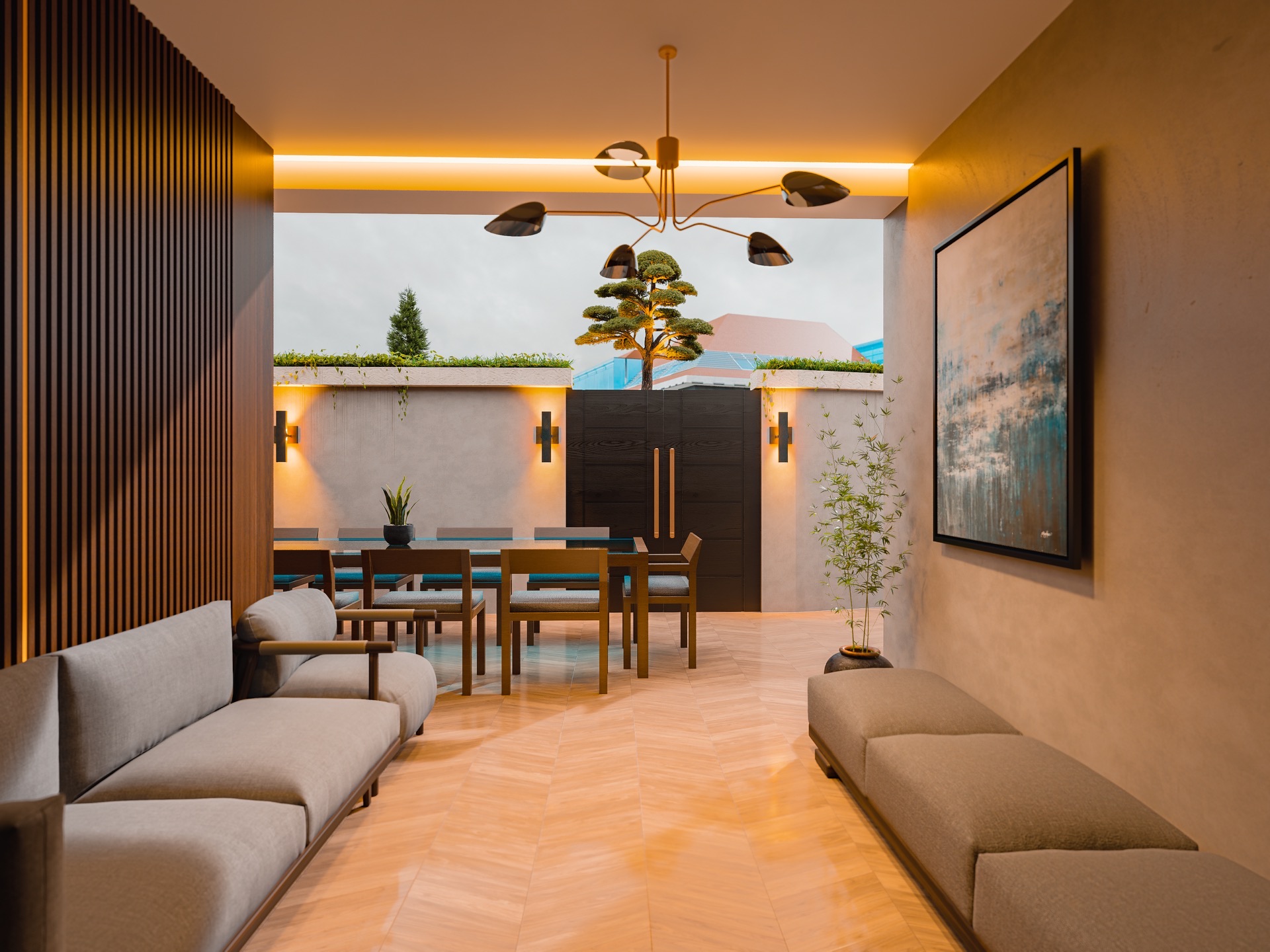 MH Grande 28 — Atardecer en la terraza con piscina
