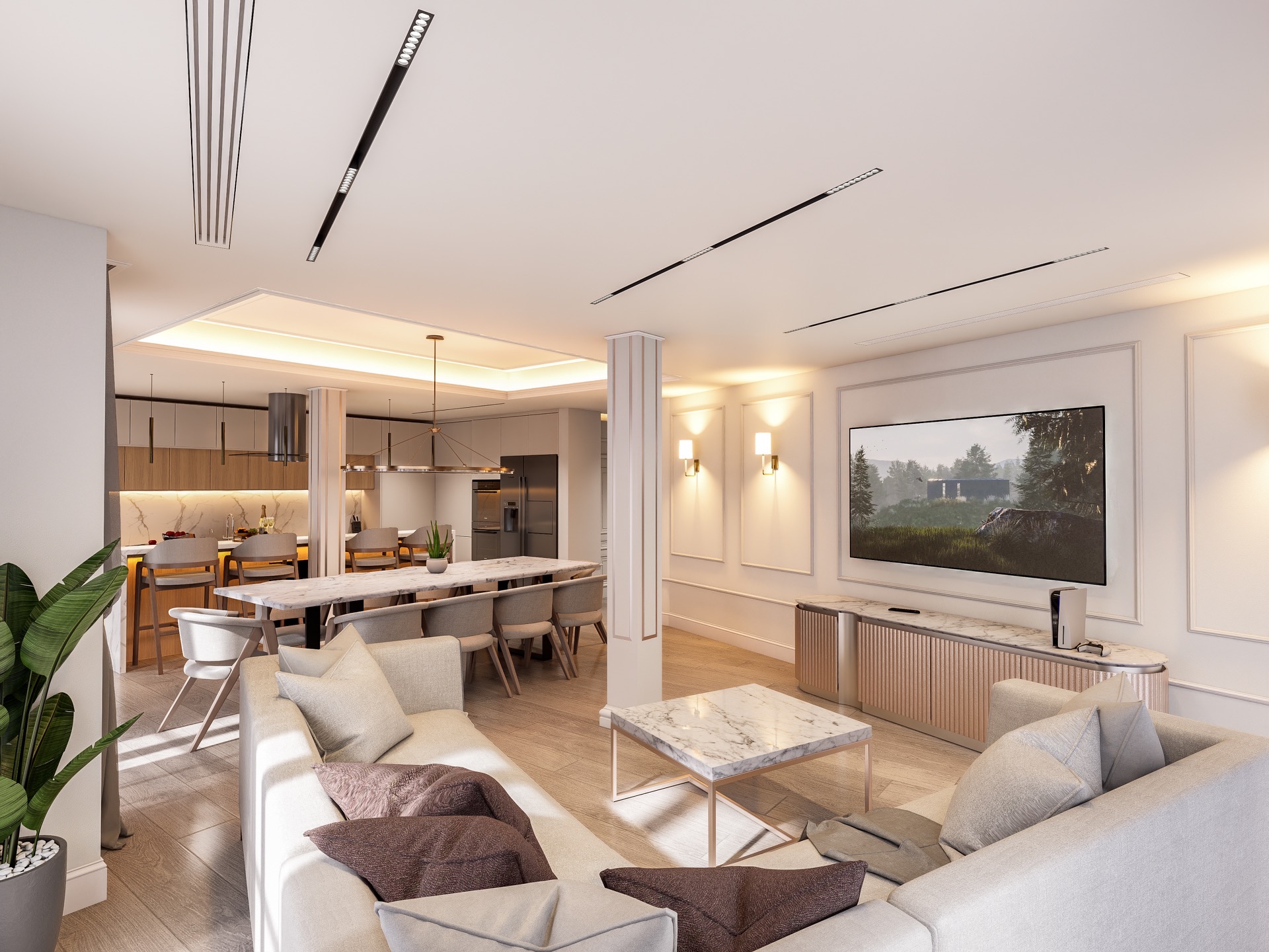 MH Grande 28 — Salón principal con comedor y cocina abierta